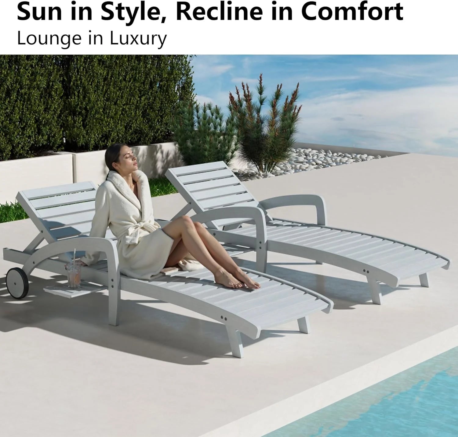 Pool Chaise Lounge Chairs Set of 4 5-Position Adjustable Outdoor Patio Lounge Chairs Wood Reclining Chaise Lounger Chair with Pullout Side Table