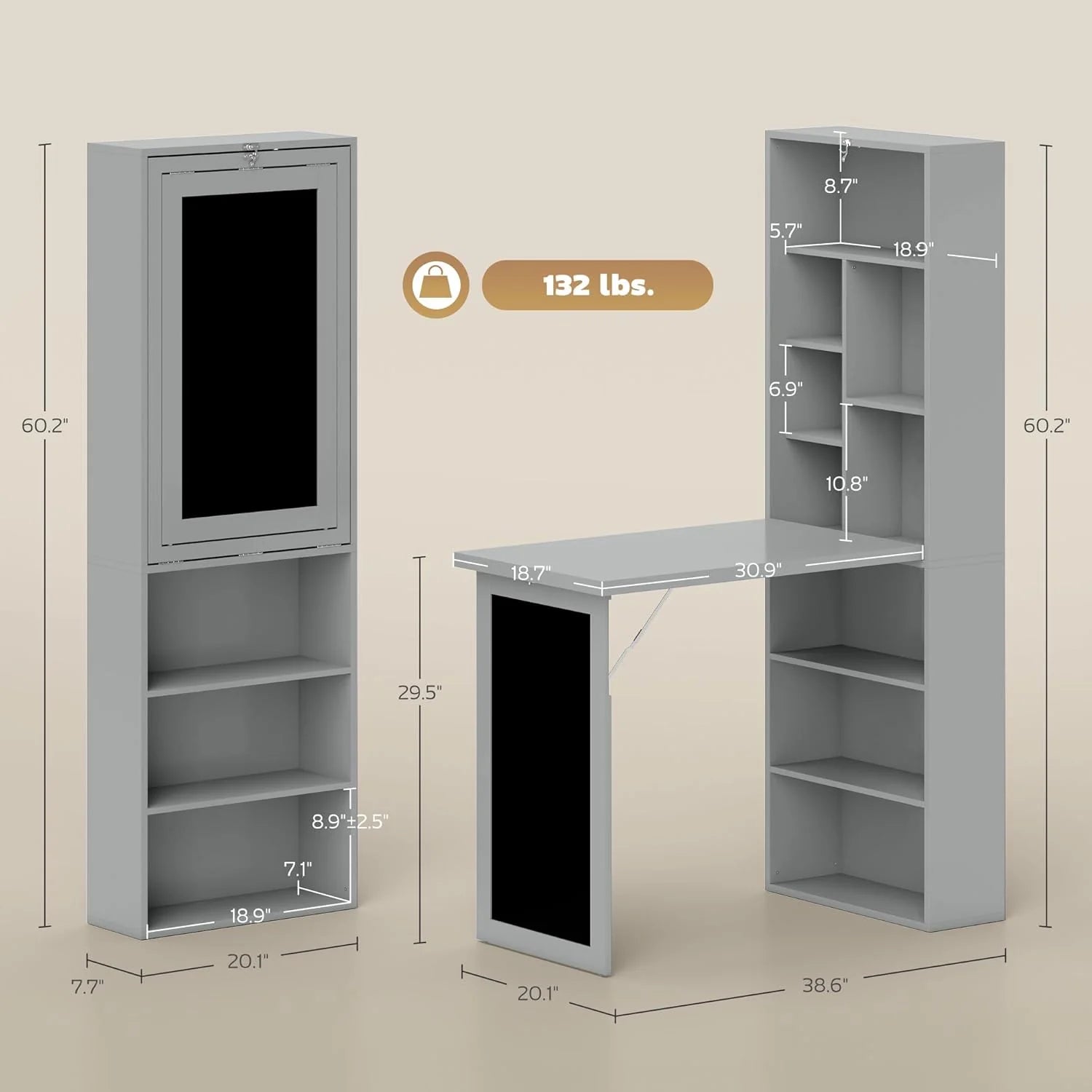 Folding convertible writing desk, wall mounted desk cabinet, multifunctional home office workstation