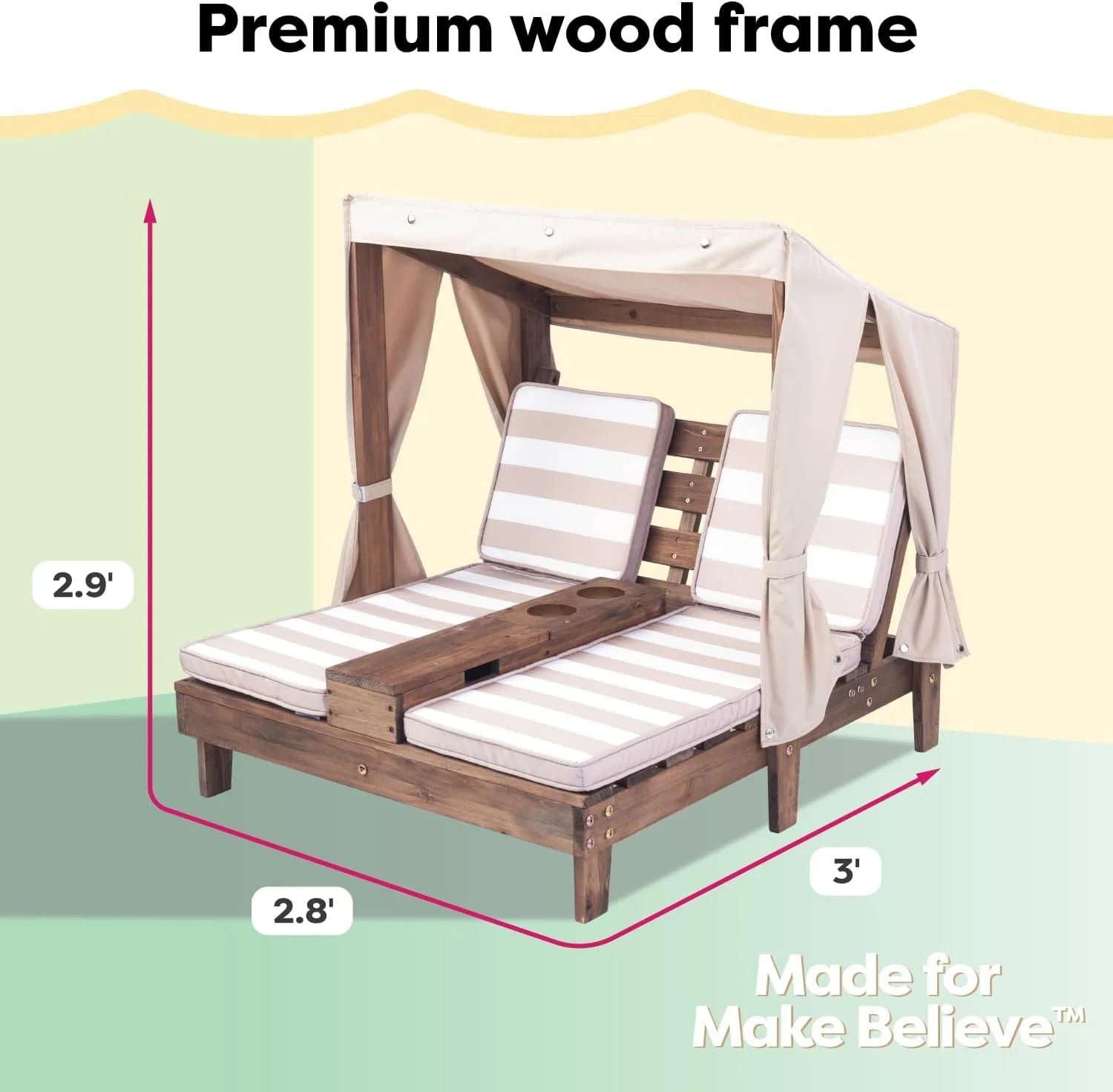 KidKraft Wooden Outdoor Double Chaise Lounge with Cup Holders, Kid's Patio Furniture, Honey with Navy and White Striped Fabric, Gift for Ages 3-8