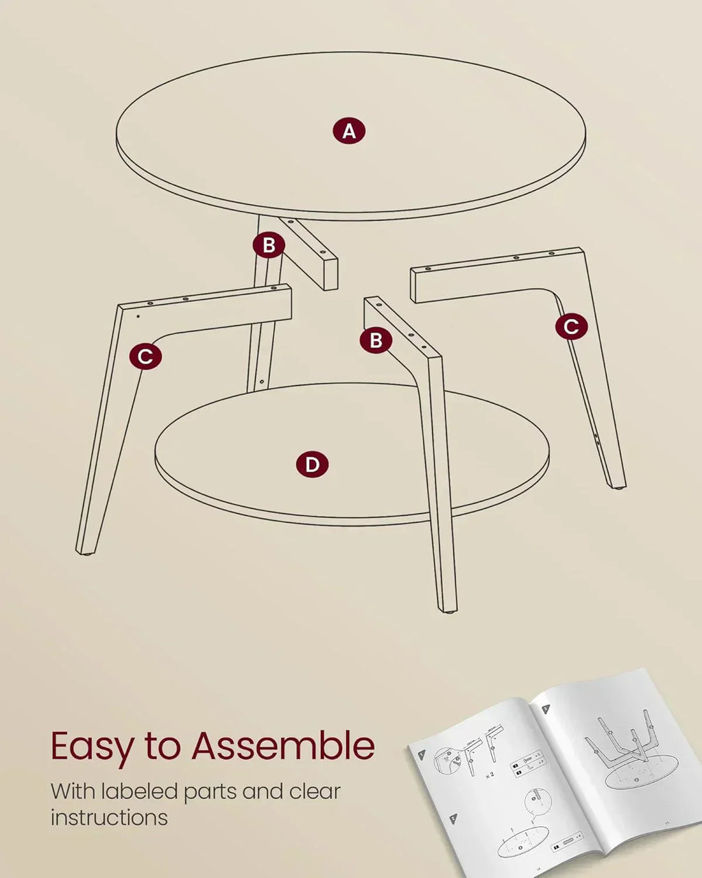 VASAGLE Round Coffee Table 2 Tier Coffee Table with Storage for Living Room 31.5 x 17.7 Inches