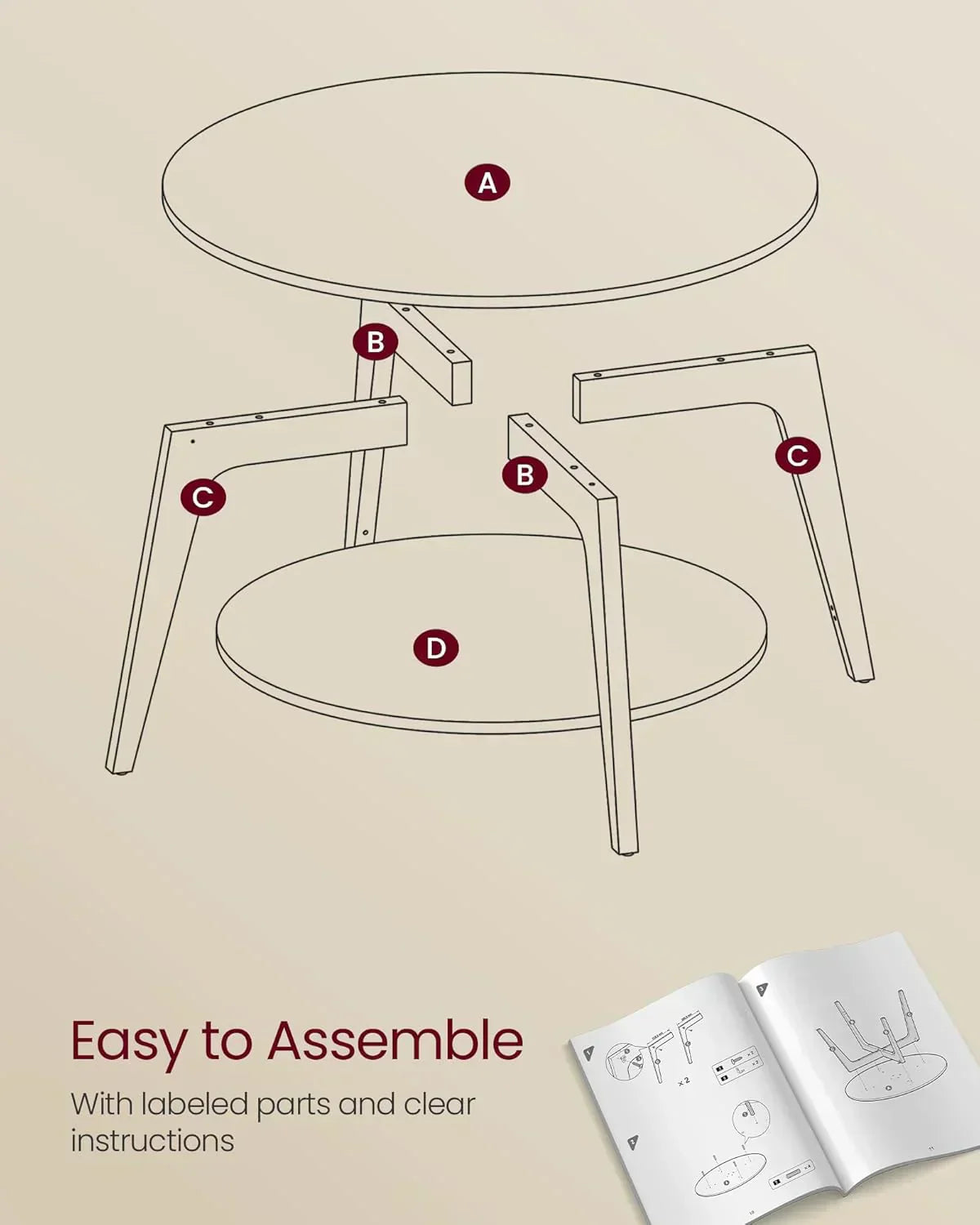 VASAGLE Round Coffee Table 2 Tier Coffee Table with Storage for Living Room 31.5 x 17.7 Inches