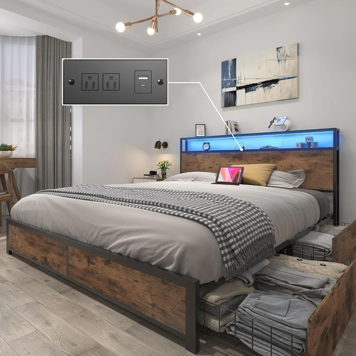 Lifezone Queen Bed Frame with 2-Tier Storage Headboard, Metal Platform Bed Frame with 4 Storage Drawers, Built in Charging Station & LED, Noise-Free/Metal Support/No Box Spring Needed
