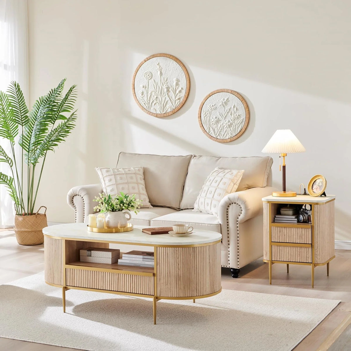OKD Modern Luxury Grooved Coffee Table, 48 Inch Oval Coffee Table with Drawers, Imitation Marble Top, Curved Contour Design, Gold Metal Trim, Living Room Center Table
