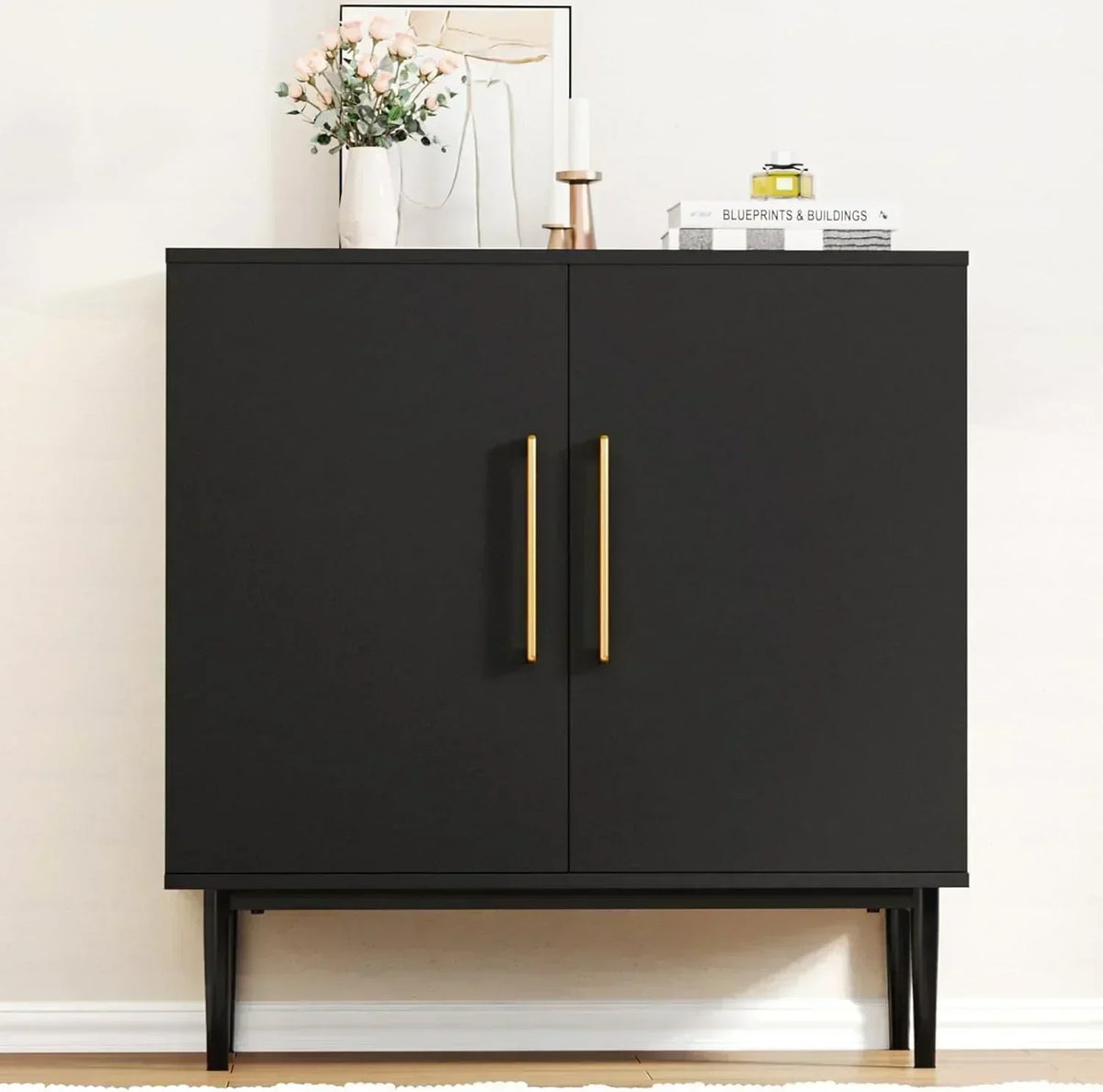 Free Standing Cabinet Black Wood for Living Room Bedroom Dining Room Hallway