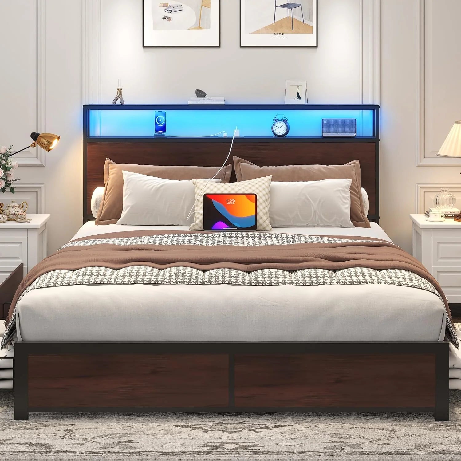 Lifezone Queen Bed Frame with 2-Tier Storage Headboard, Metal Platform Bed Frame with 4 Storage Drawers, Built in Charging Station & LED, Noise-Free/Metal Support/No Box Spring Needed