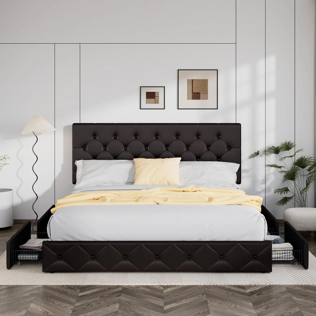 Allewie Upholstered Queen Size Platform Bed Frame with 4 Storage Drawers and Headboard