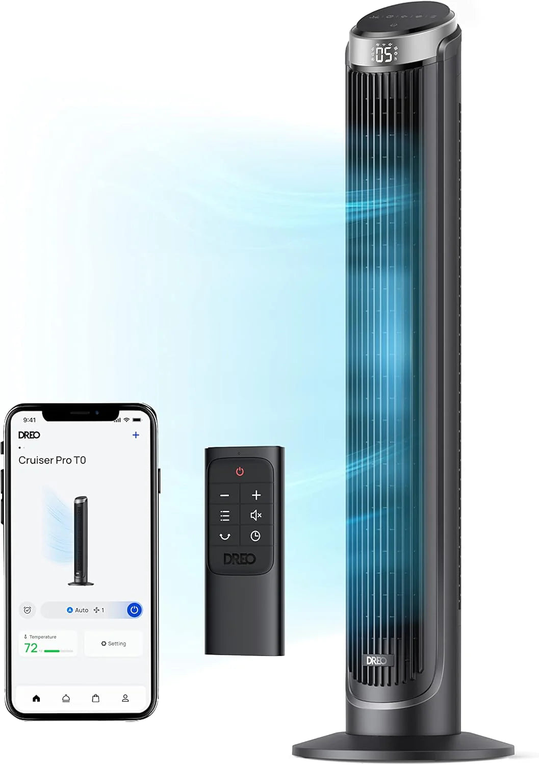 DREO Smart Tower Fan for Bedroom, 90�� Oscillating 40 Standing Fan, 26ft/s High-Speed 5 Speeds 4 Modes, Quiet Room Floor Fans, Touch/Remote/APP & Voice Control, Work with Alexa, 12H Timer, Silver