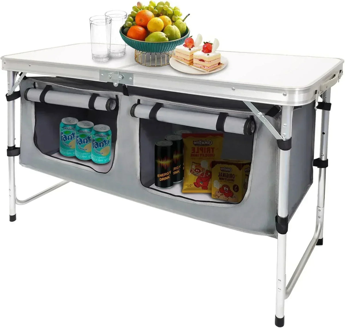 Outdoor Folding Table Aluminum Lightweight Height Adjustable with Storage Organizer