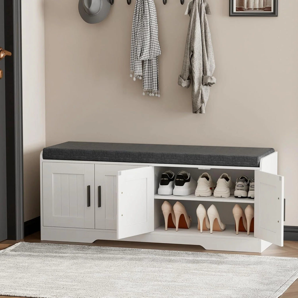 2-Tier Storage Bench, Shoe Bench with Thickened Padded Seat Cushion, Entryway Bench with 4 Doors, Adjustable Shelf, 13.8 D x 45.3 W x 18.5 H, for Entryway, Living Room, Bedroom, White