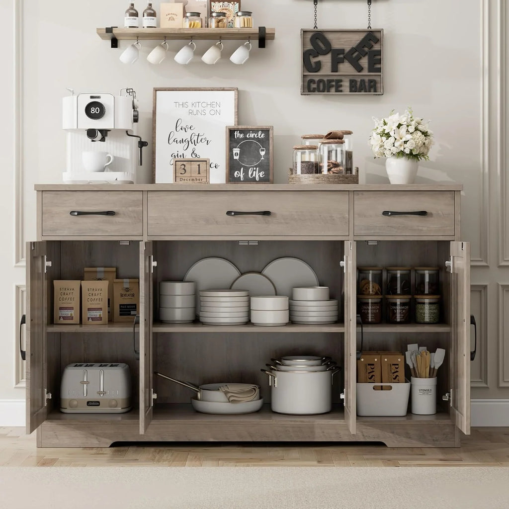 Sideboard with drawers, large 55-inch sideboard, sideboard storage with shelves and doors, modern farmhouse coffee bar wood kitchen dining table