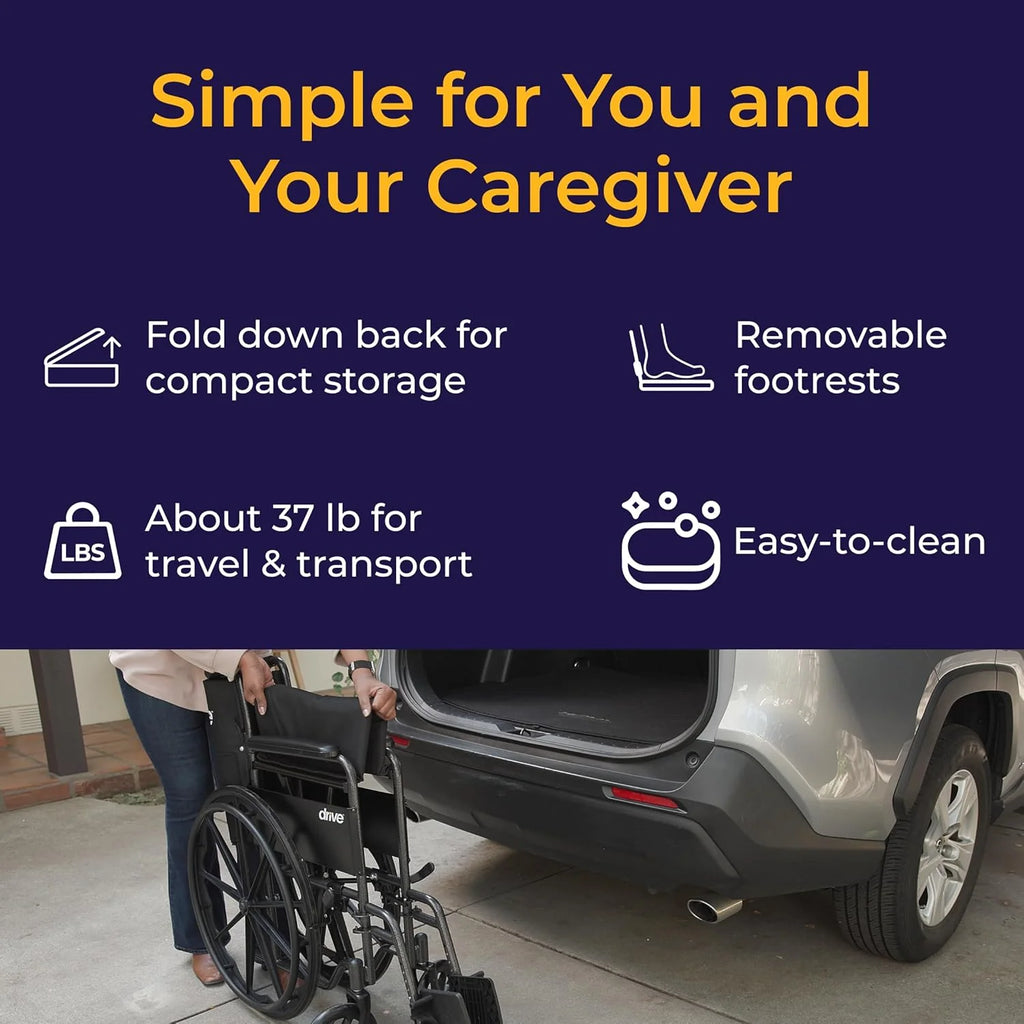 Drive Medical Silver Sport 1 Folding Transport Wheelchair - Lightweight Mobility Support