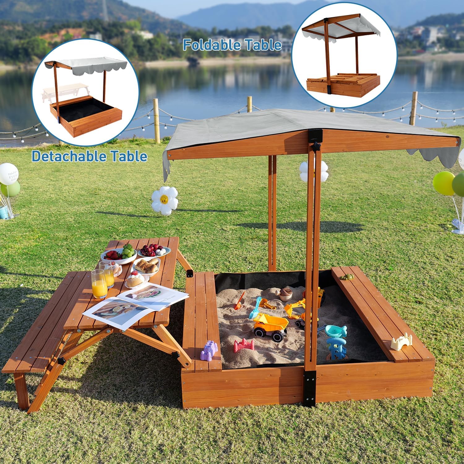 Wooden Kids Sandbox with Lid Outdoor Sand Box with Picnic Table Foldable Sandpit with Cover