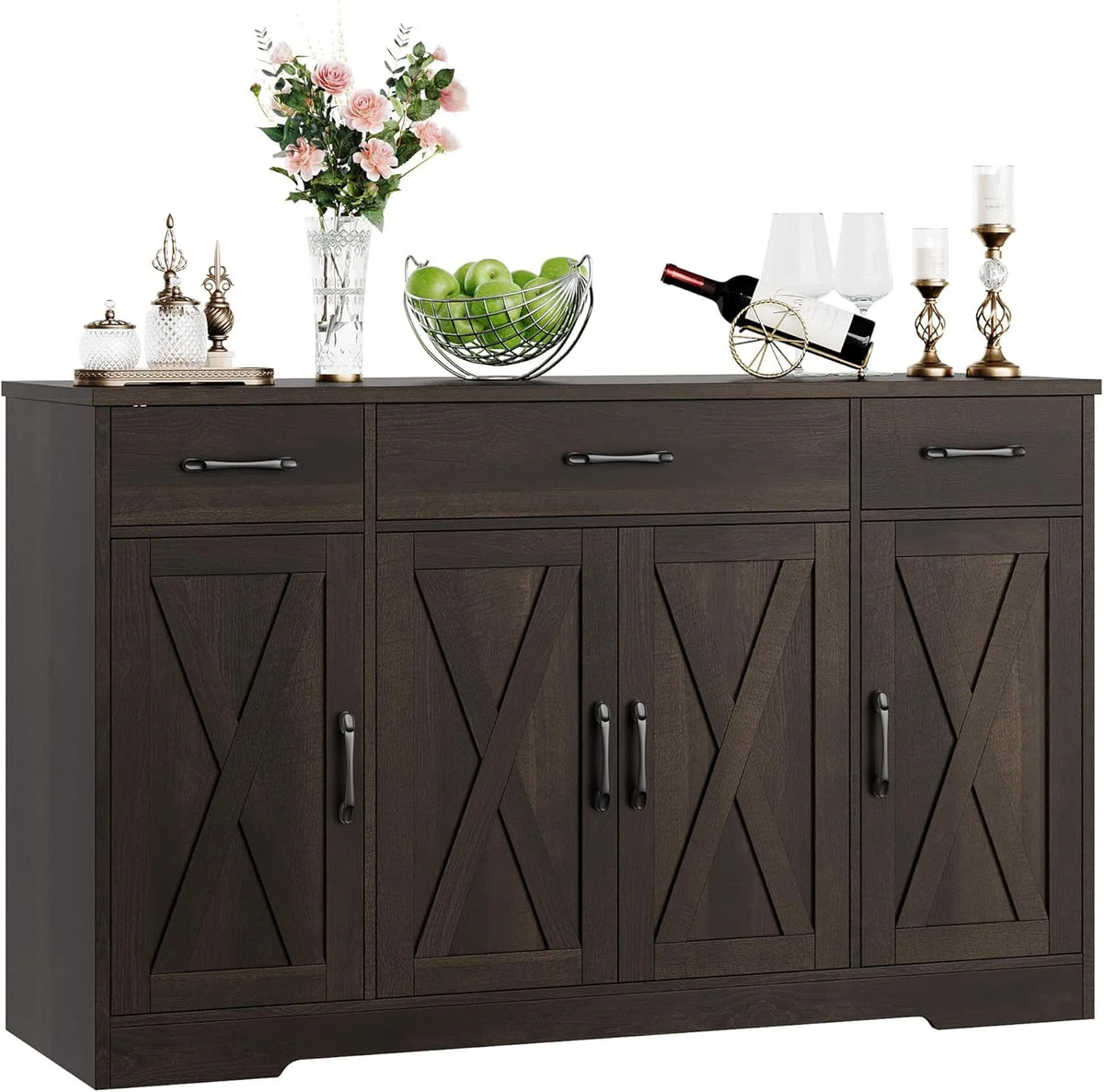 HOSTACK Buffet Cabinet with Drawers, 55 Large Sideboard Buffet Storage Cabinet with Shelves and Doors, Modern Farmhouse Coffee Bar Station Wood Kitchen Table for Kitchen, Dining Room, White/Rustic