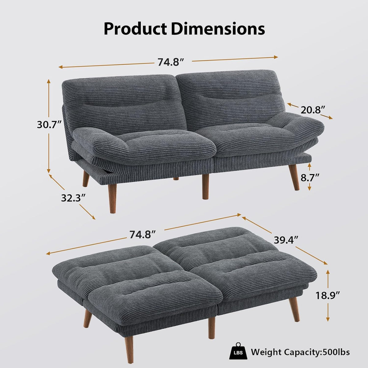 Convertible Futon Sofa Bed, 66 Inch Corduroy Futon Sofa Recliner Sofa Bed for Small Spaces, Playrooms or Offices