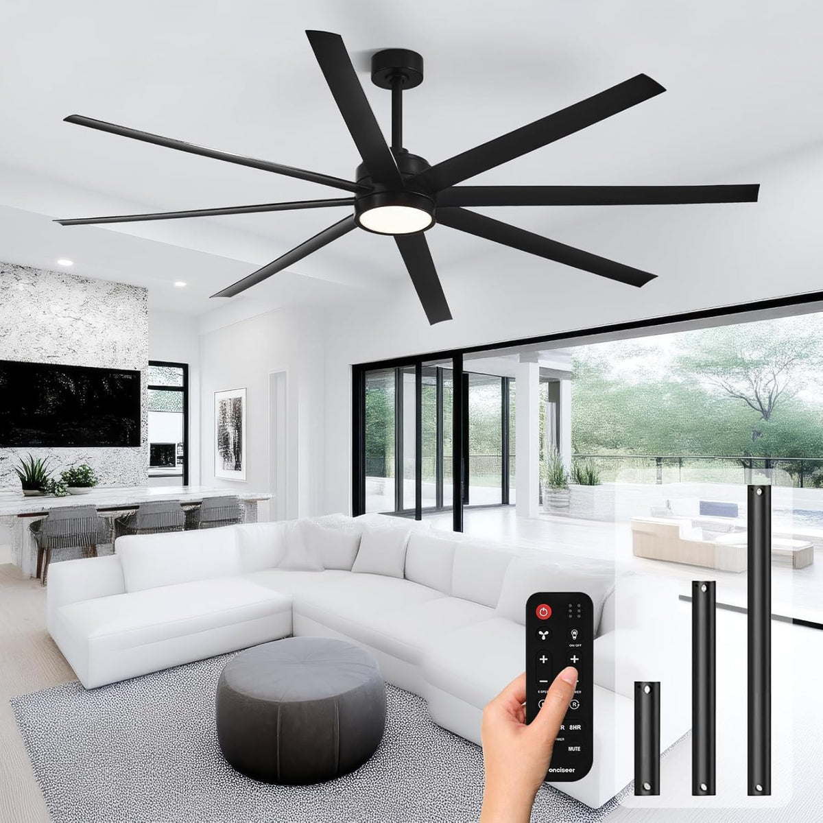 Modern Ceiling Fans with Lights, 72 Inch Ceiling Fan with Light and Remote, Bedroom Living Room Library Cafe Outdoor/Industrial,24W 3CCT Dimmable, 8 Blades 6 Speed Reversible Quiet DC Motor, Black
