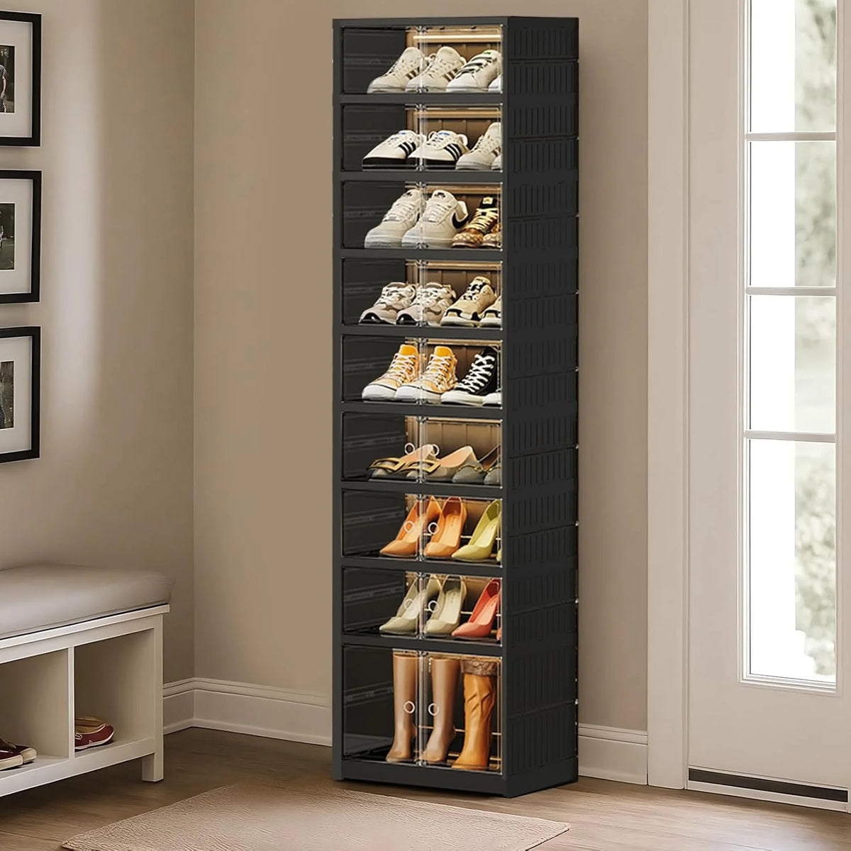 Foldable Shoe Rack Storage Rack 9-Tier - 36 Double Foldable Shoe Cabinet with Doors