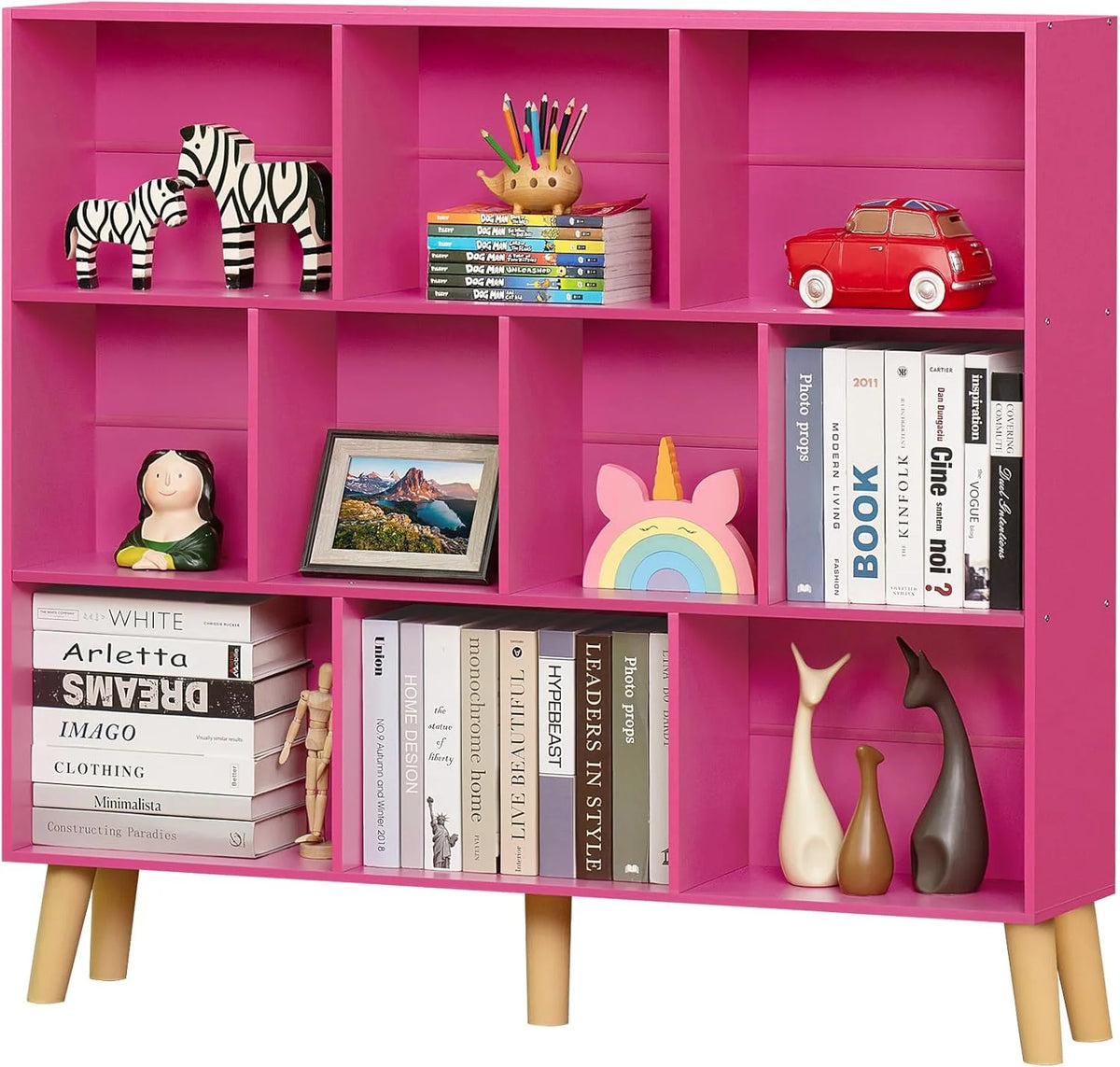 LEYAOYAO Wooden 7 Cube Book Shelf Natural Bookshelf Legs Modern Open Storage Organizer