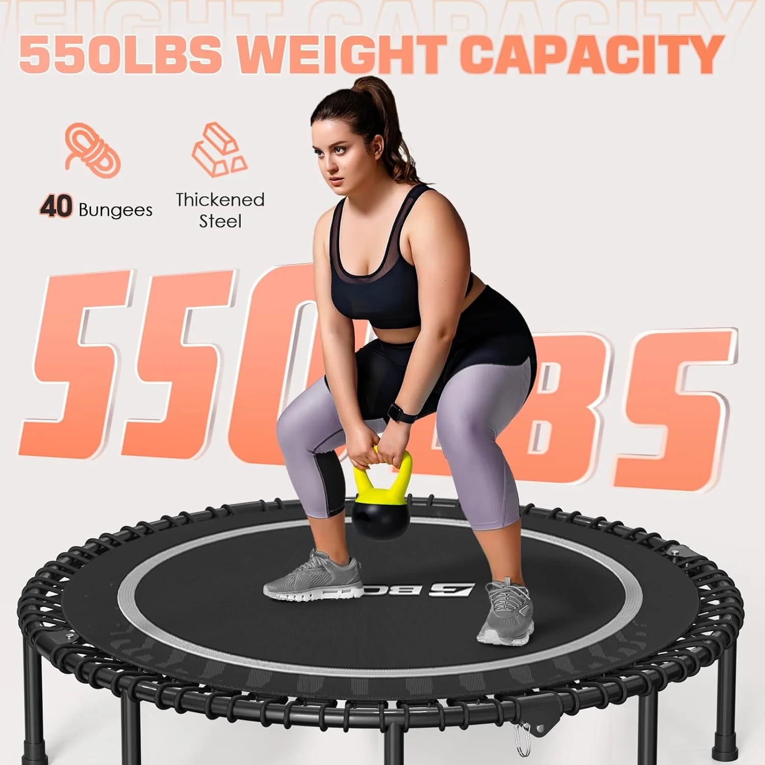 BCAN 450/550 LBS Foldable Mini Trampoline, 40/48 Fitness Trampoline with Bungees, U Shape Adjustable Foam Handle, Stable & Quiet Exercise Rebounder for Adults Indoor/Outdoor Workout