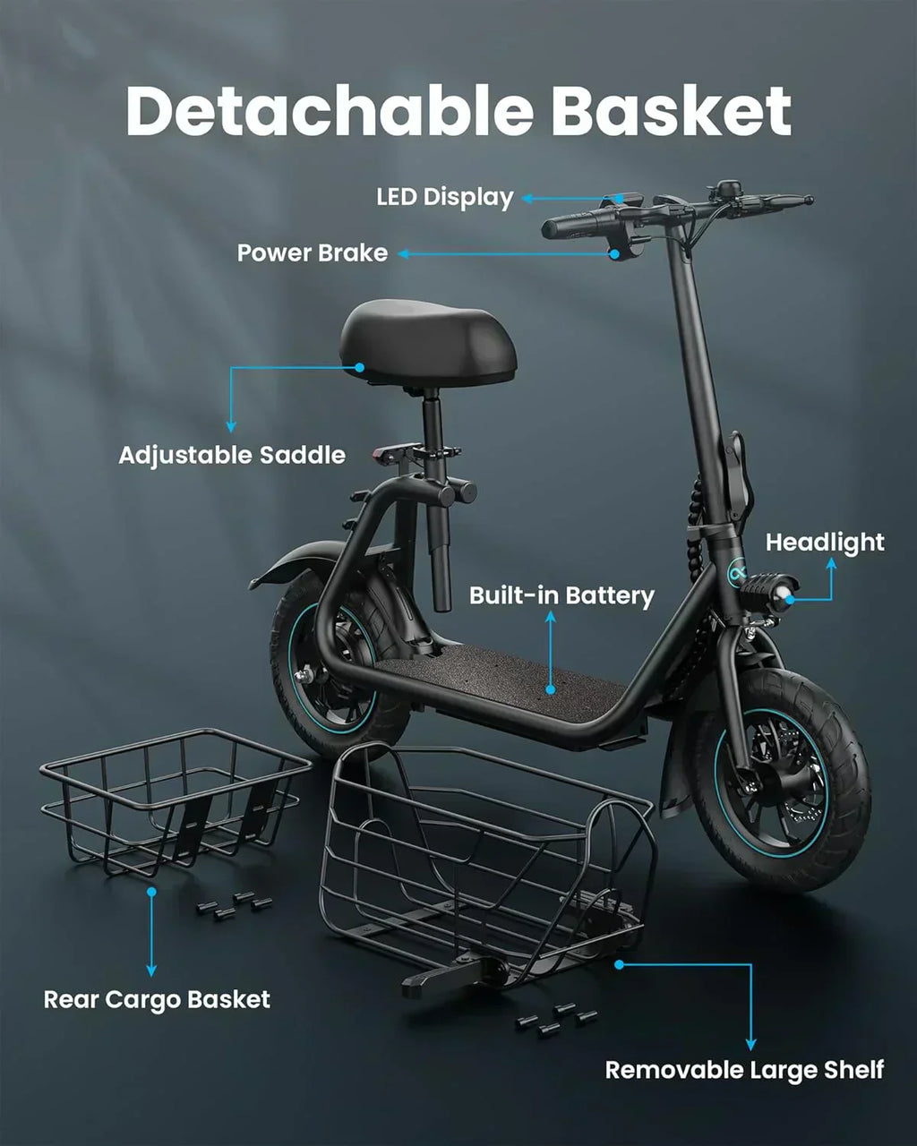 Gyroor Adult Electric Scooter with Large Center Basket 20 Mile Range Foldable and Seat