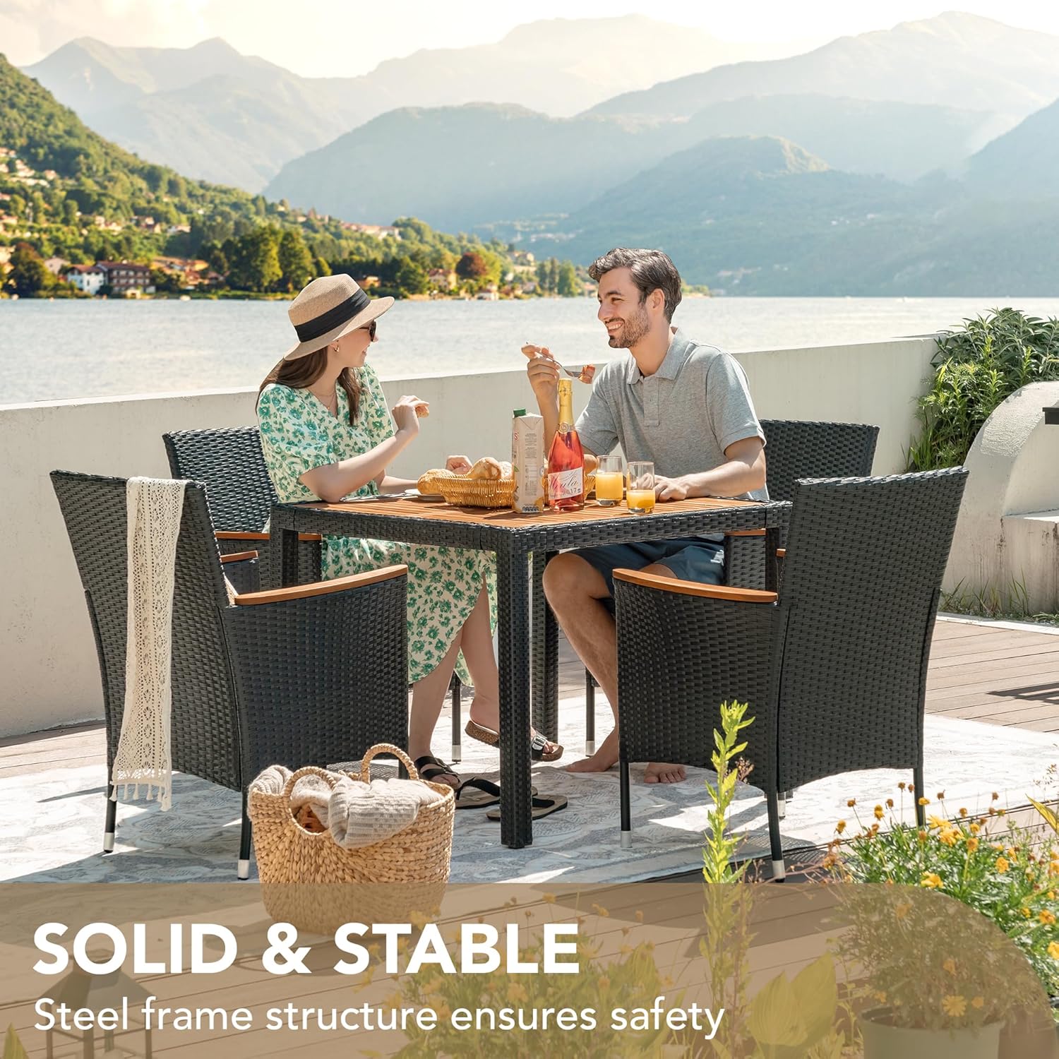 Devoko Dining 7 PCS Furniture Patio Conversation Set with Acacia Wood Table Top Rattan Outdoor