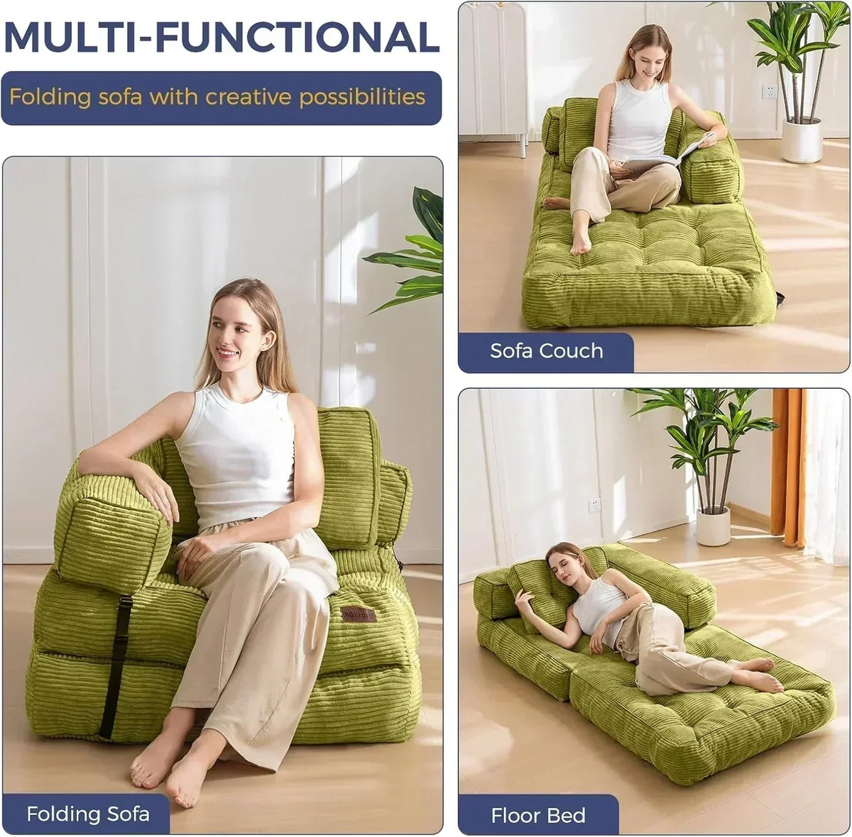 Folding Sofa Bed L-Shaped Convertible Sofa Bed with Armrests and Pillows
