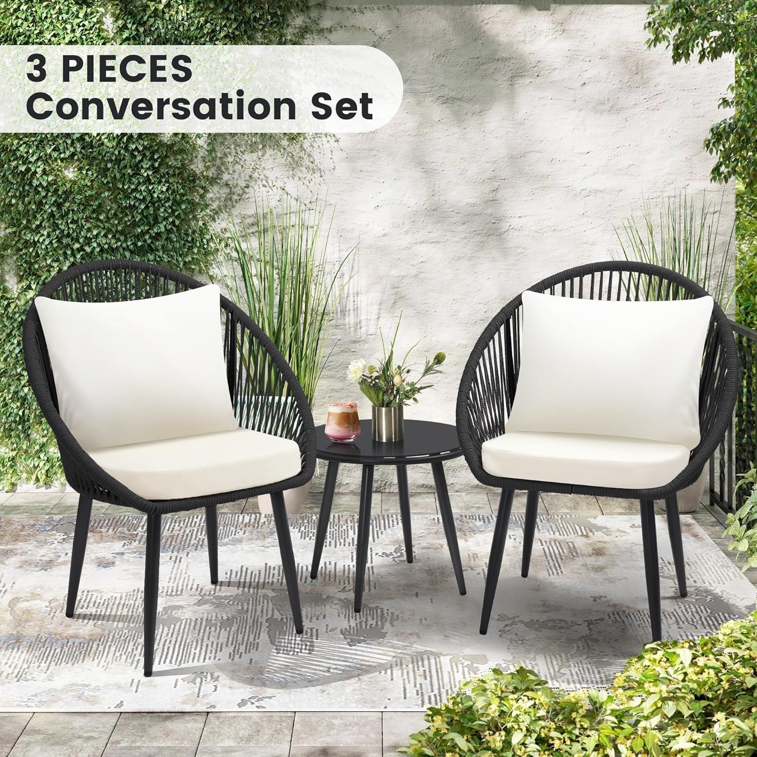 3 Piece Bistro Set Woven Rope Chair with Cushions All Weather Patio Conversation Set Side Table