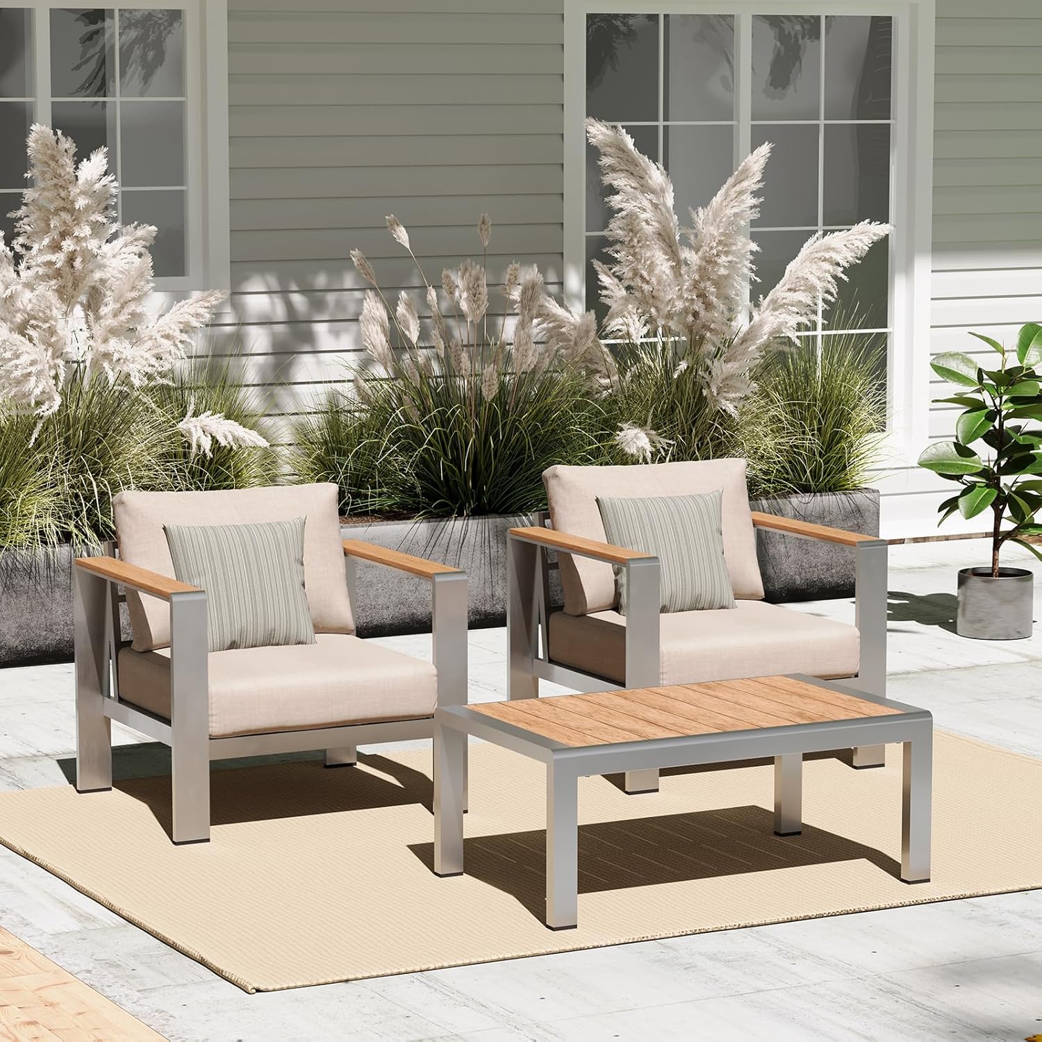 Aluminum Outdoor Patio Furniture Set with Coffee Table, 5 Piece Patio Conversation Sets, Outdoor Sectional Furniture for Porch, Balcony, Yard, Gray