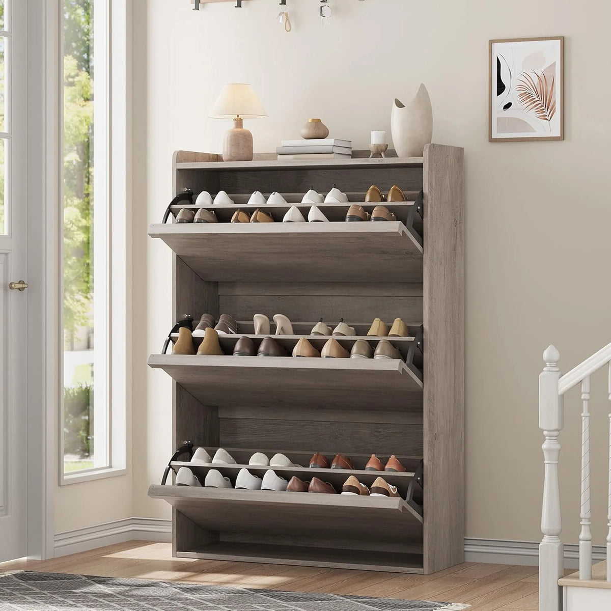 GarveeHome Shoe Cabinet with 3 Flip Drawers Wooden Shoe Organizer Cabinet Shoe Storage Hidden