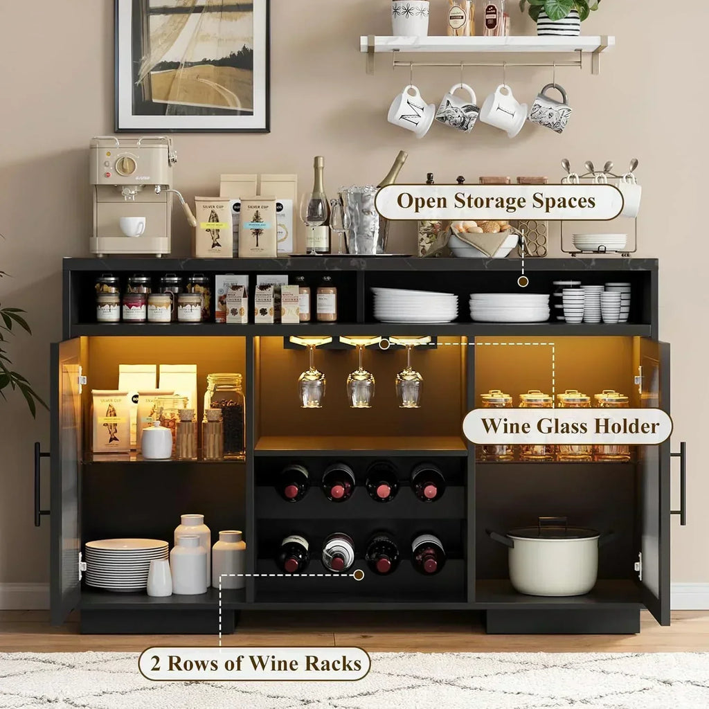 Sideboard 54-inch kitchen cabinet with LED lights and arched glass doors tall bar cabinet