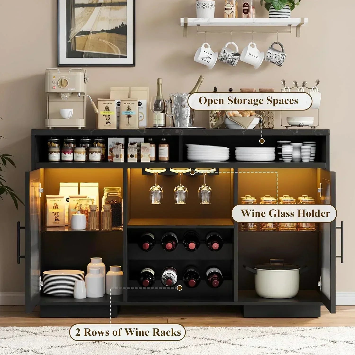 Sideboard 54-inch kitchen cabinet with LED lights and arched glass doors tall bar cabinet