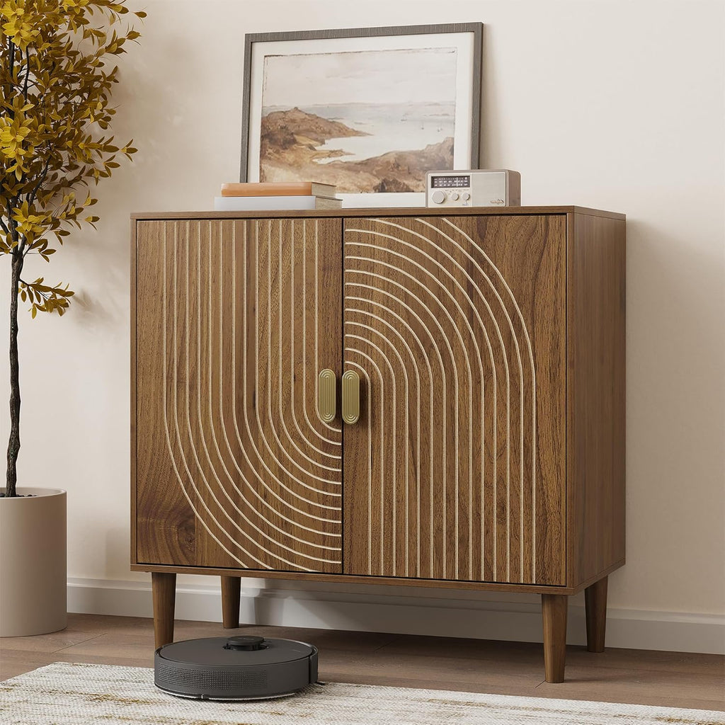 Walnut sideboard freestanding dining cabinet with cable channel design wooden storage cabinet