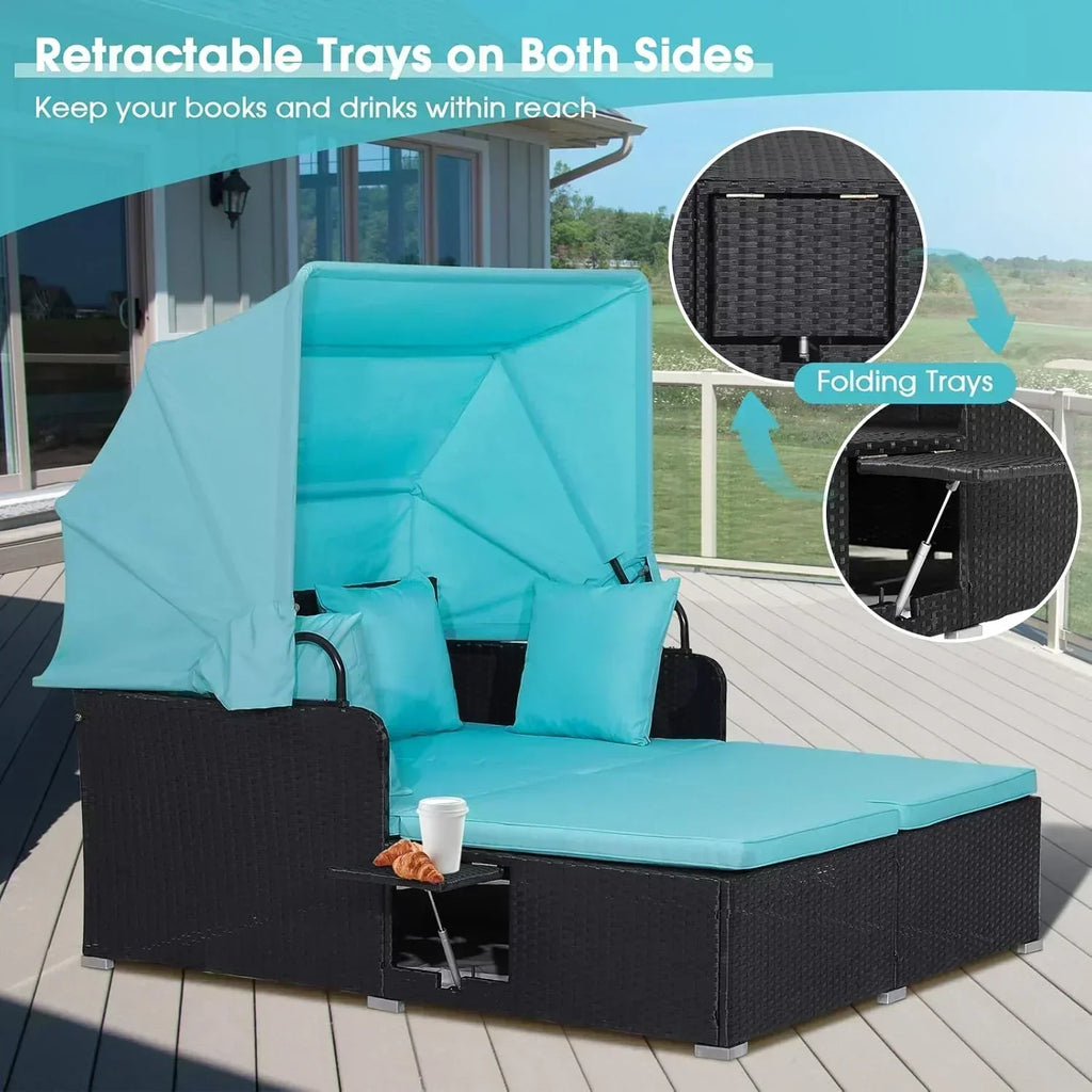 RELAX4LIFE Patio Outdoor Daybed with Canopy Wicker Sunbed Cushions 4 Pillows