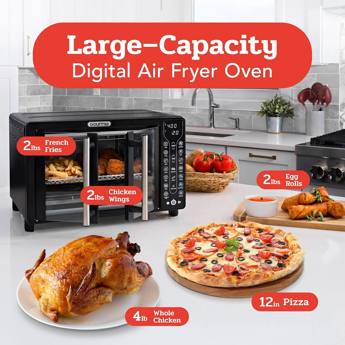 Gourmia Oven Air Fryer Combo with 17 Cooking Presets, 24L Capacity, Convection Rack, Baking Tray, Recipe Book GTF7460