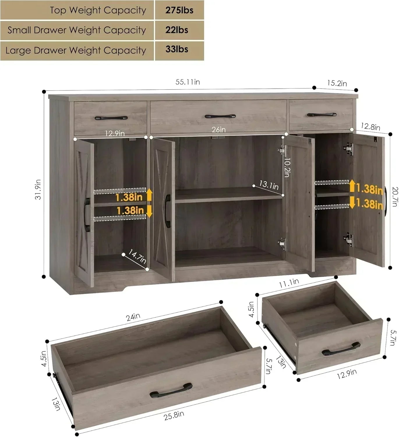 Sideboard with drawers large 55-inch sideboard modern farmhouse wood kitchen dining table