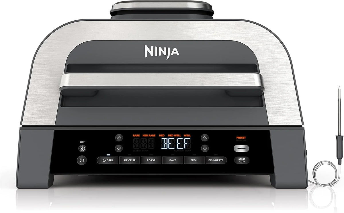 Ninja | Indoor Grill | Foodi | 5-in-1 (Grill, Air Fry, Roast, Bake, and Dehydrate | Fits up to 3lb Roast | Smoke Control System and Dishwasher Safe Parts| Black/Grey | AG301