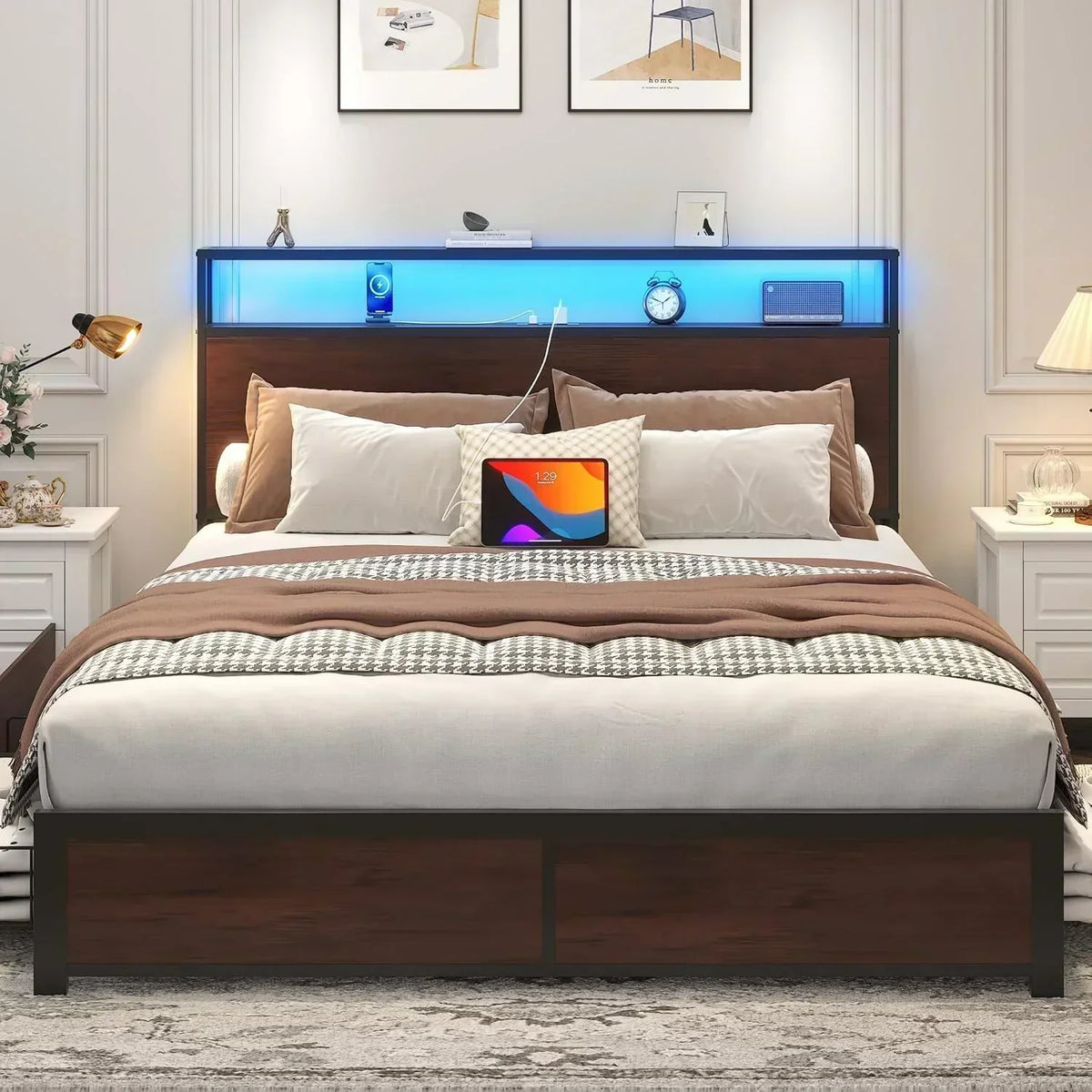 Lifezone Queen Bed Frame 2-Tier Storage Headboard Metal Platform Bed Frame 4 Storage Drawers