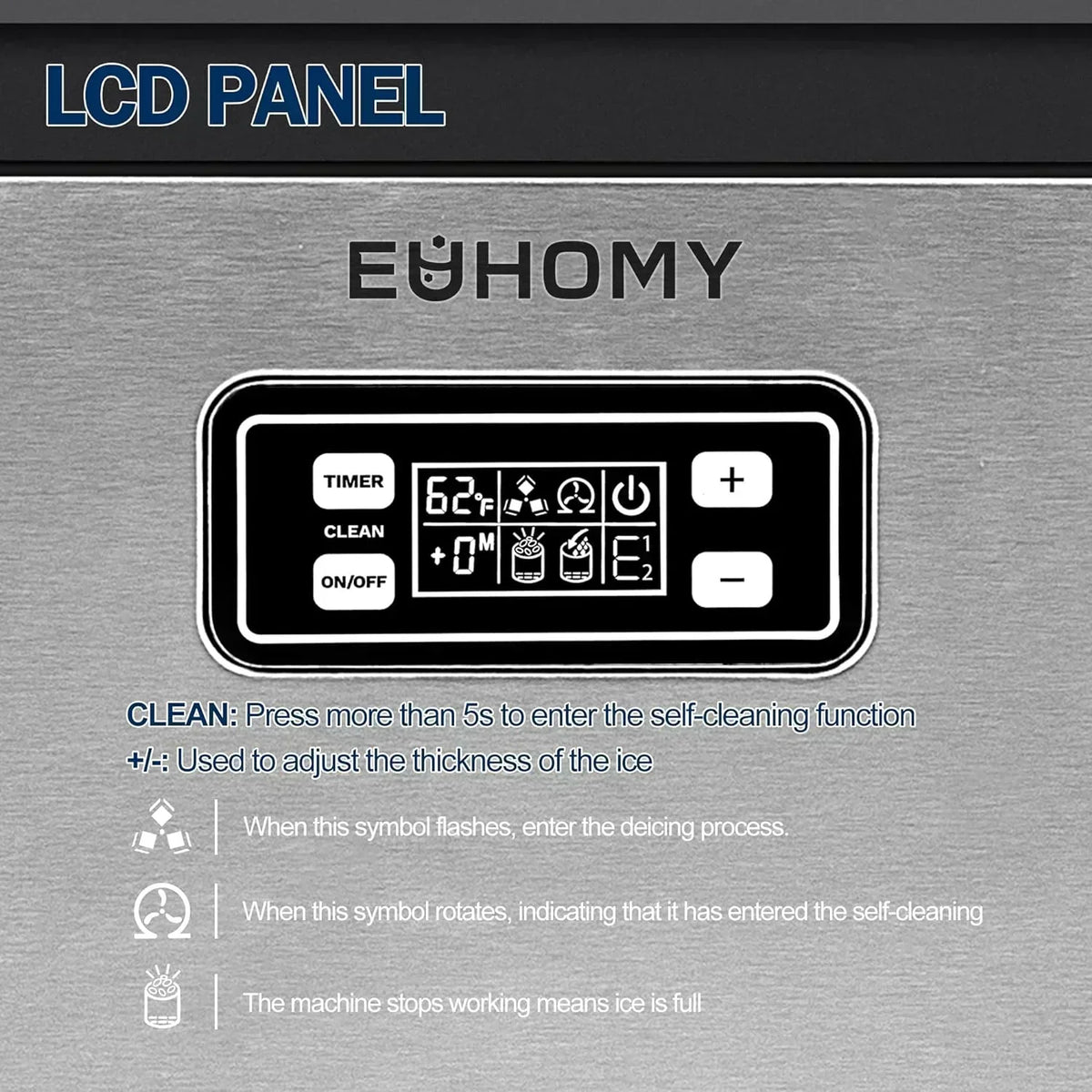 EUHOMY Commercial Ice Maker Machine 100lbs/24H Stainless Steel Under Counter ice Machine
