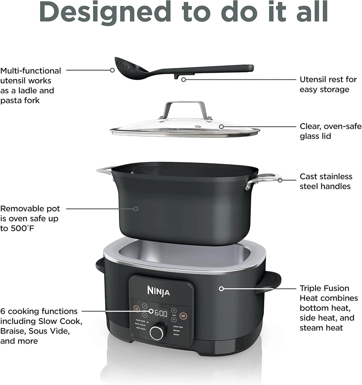 Ninja Slow Cookers 8.5-Quart Multi-Cooker with Dutch oven, steamer, glass lid with integrated spoon, nonstick and oven-safe pot
