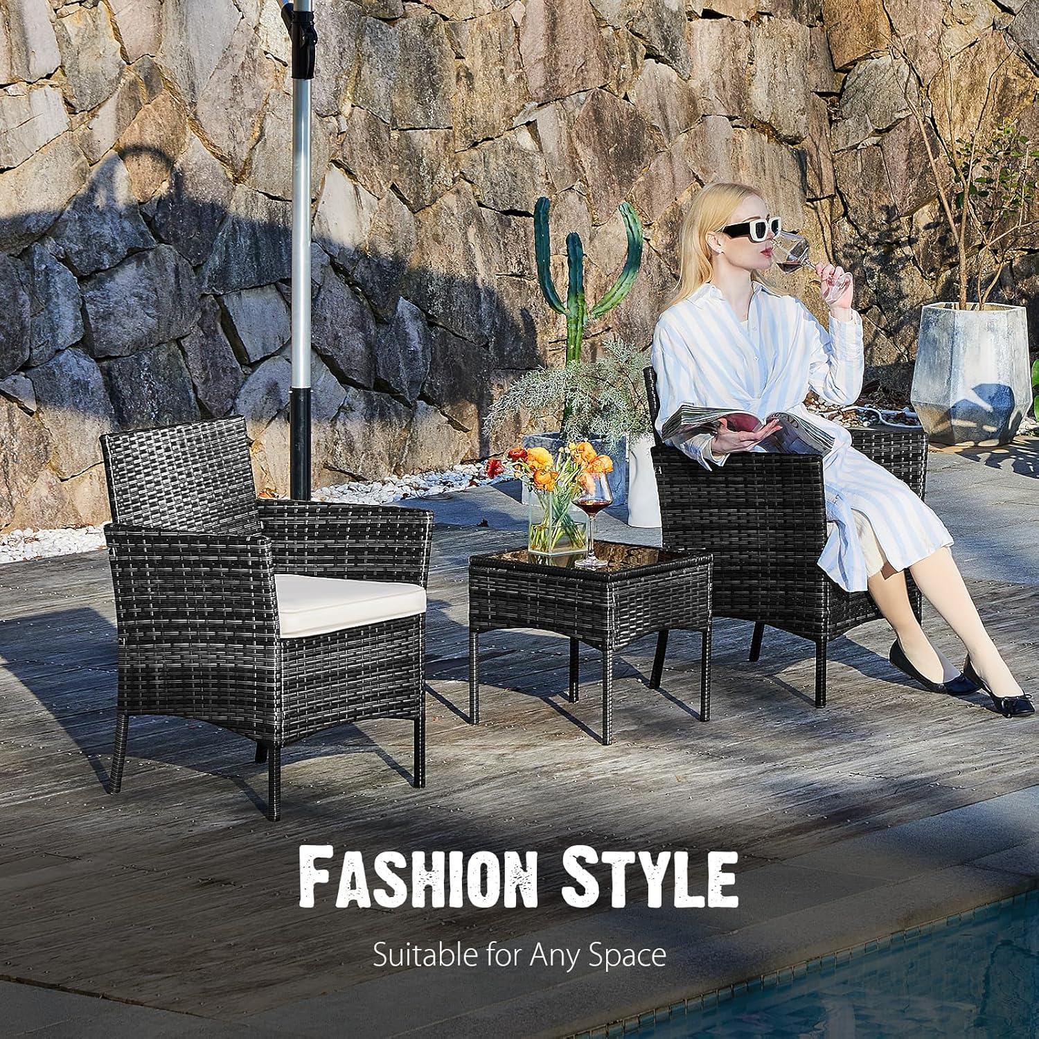 Sweetcripy Patio Furniture Set 3 Pieces Outdoor Furniture with Soft Cushion and Glass Table