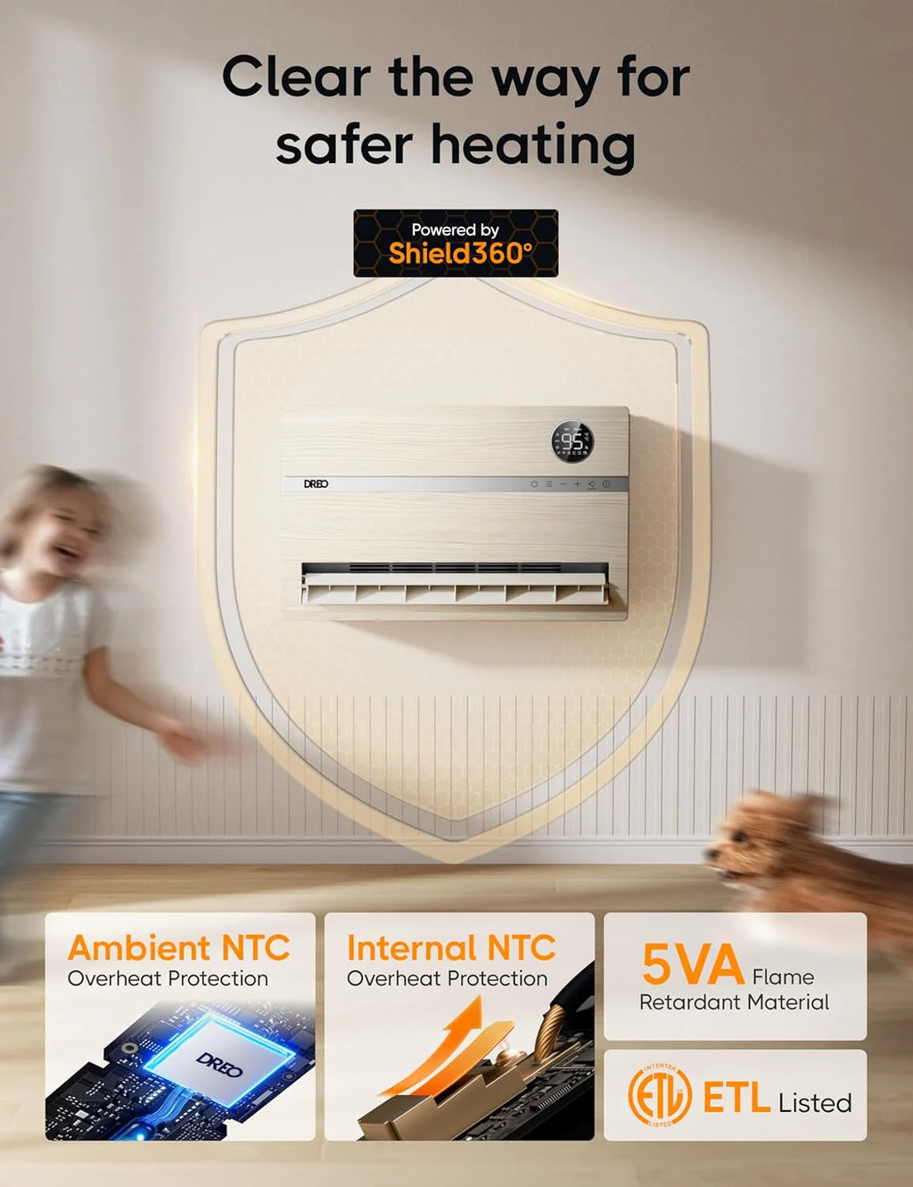 Dreo Smart Wall Heater, Electric Space Heater for Bedroom 1500W, 120�� Vertical Oscillation, Adjustable Thermostat, Remote Control, 24H Timer, Easy-Mount Heater for Indoor Use, Works with Alexa, WH719S
