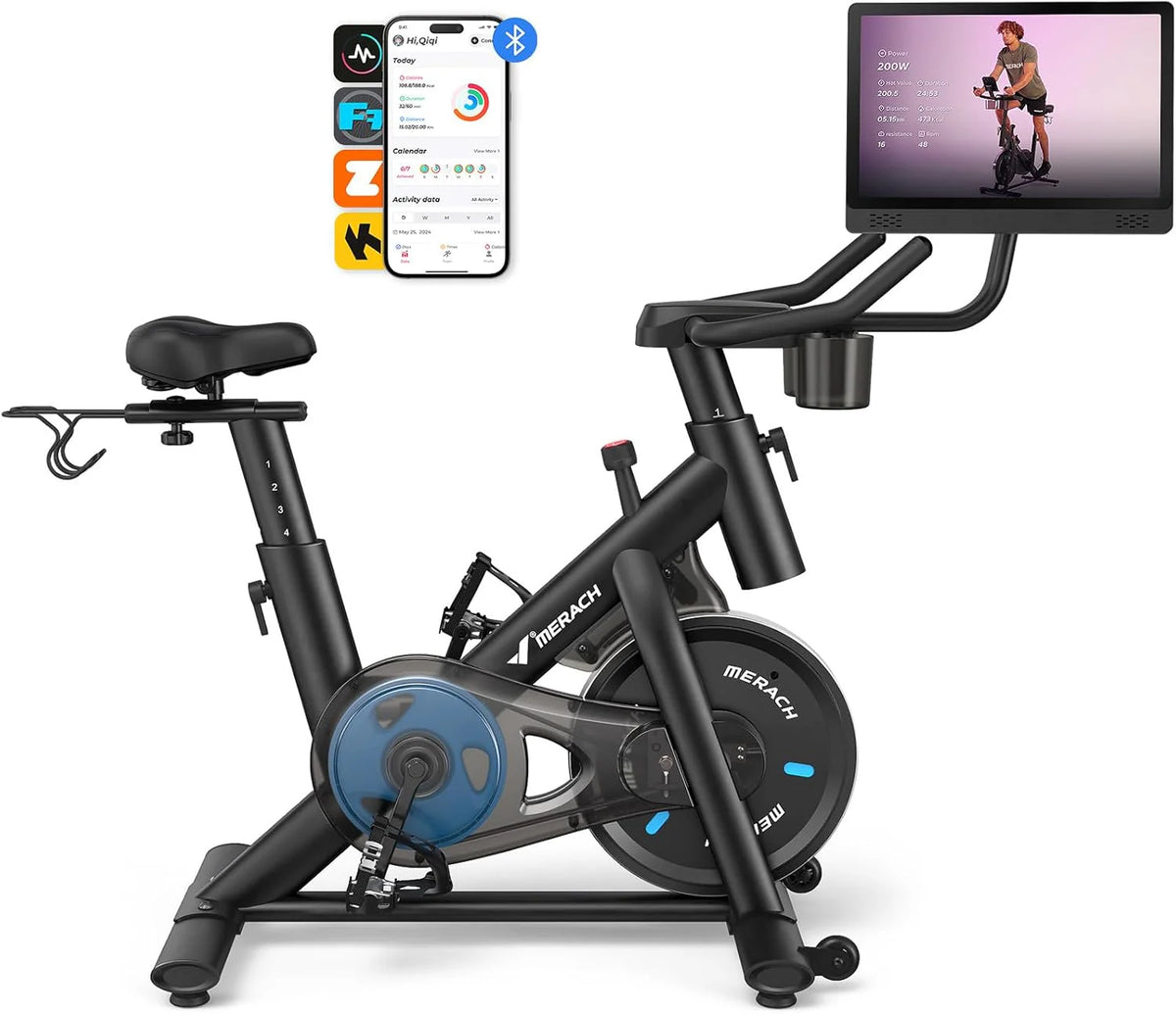 MERACH exercise bike, brake pads with exclusive app, low noise indoor stationary bike