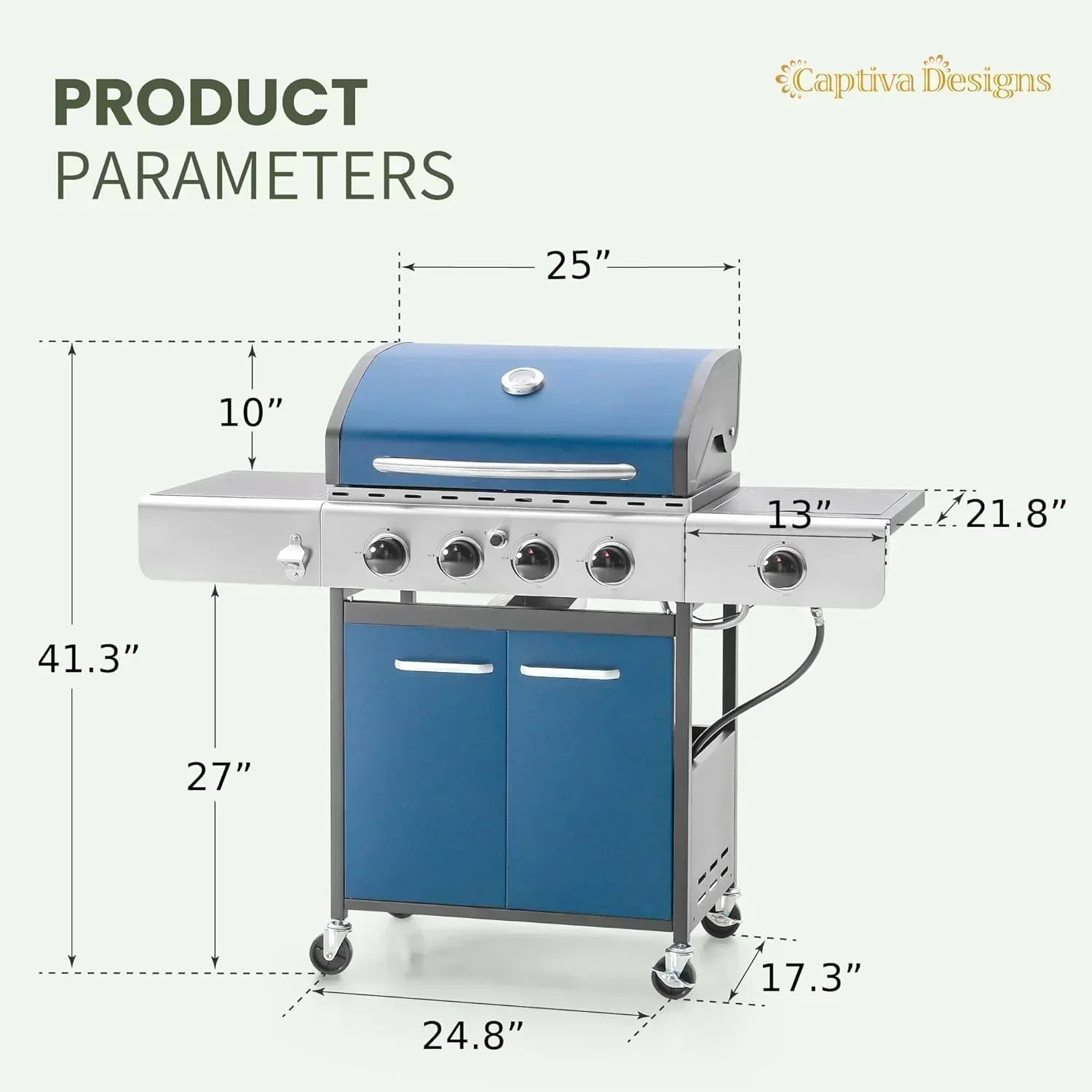 Captiva Designs 4-Burner Propane Gas BBQ Grill Side Burner Porcelain-Enameled Cast Iron Grates