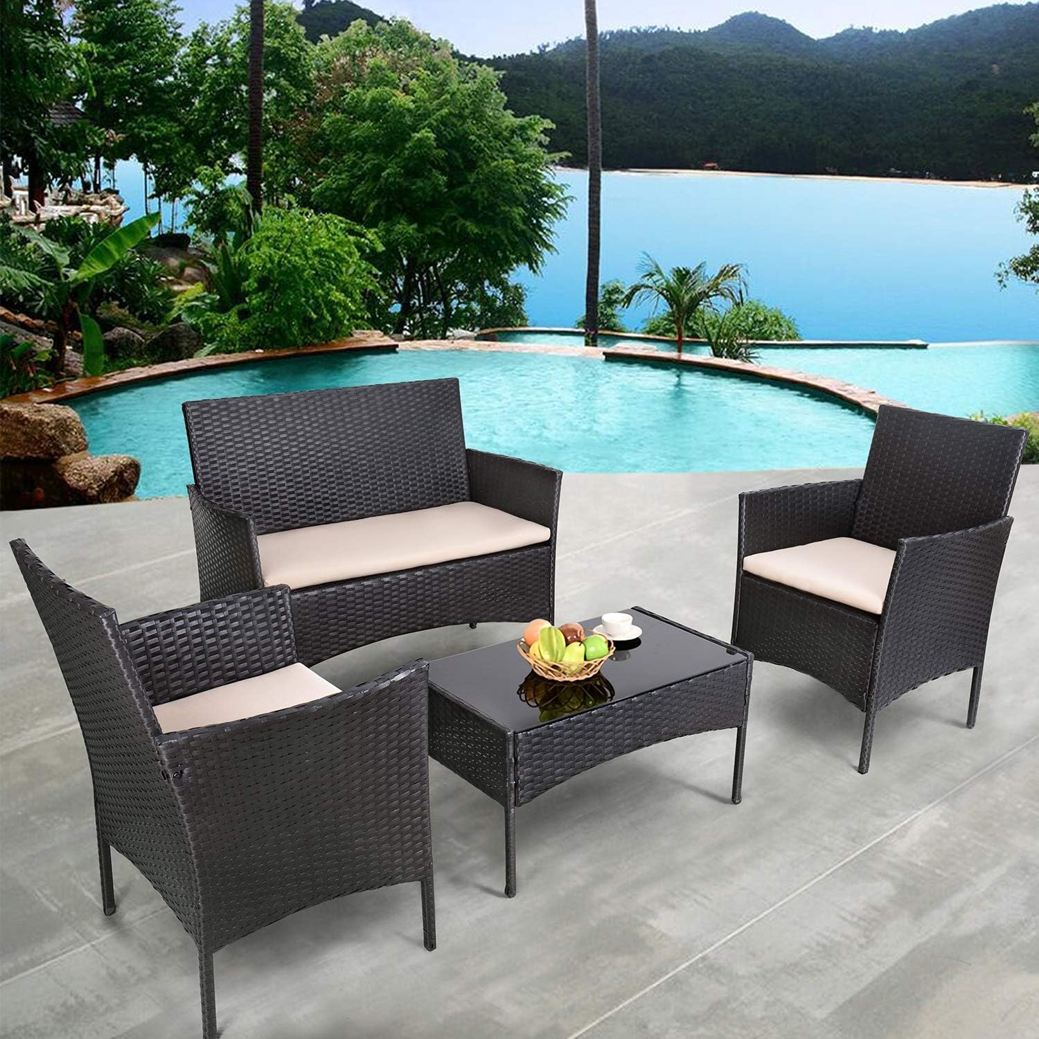 Homall 4 Pieces Outdoor Patio Furniture Sets Rattan Chair Wicker Set, Outdoor Indoor Use Backyard Porch Garden Poolside Balcony Furniture Sets (Grey)