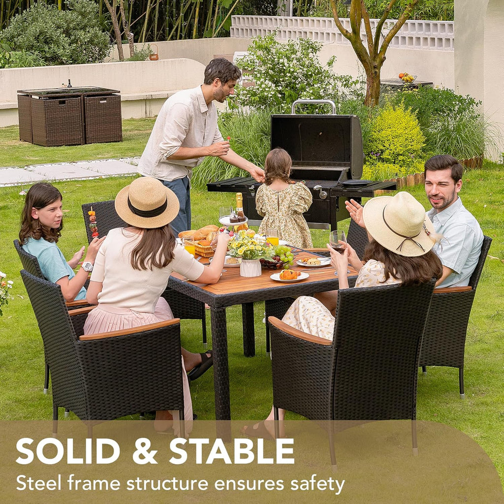 Devoko Dining 7 PCS Furniture Patio Conversation Set with Acacia Wood Table Top Rattan Outdoor