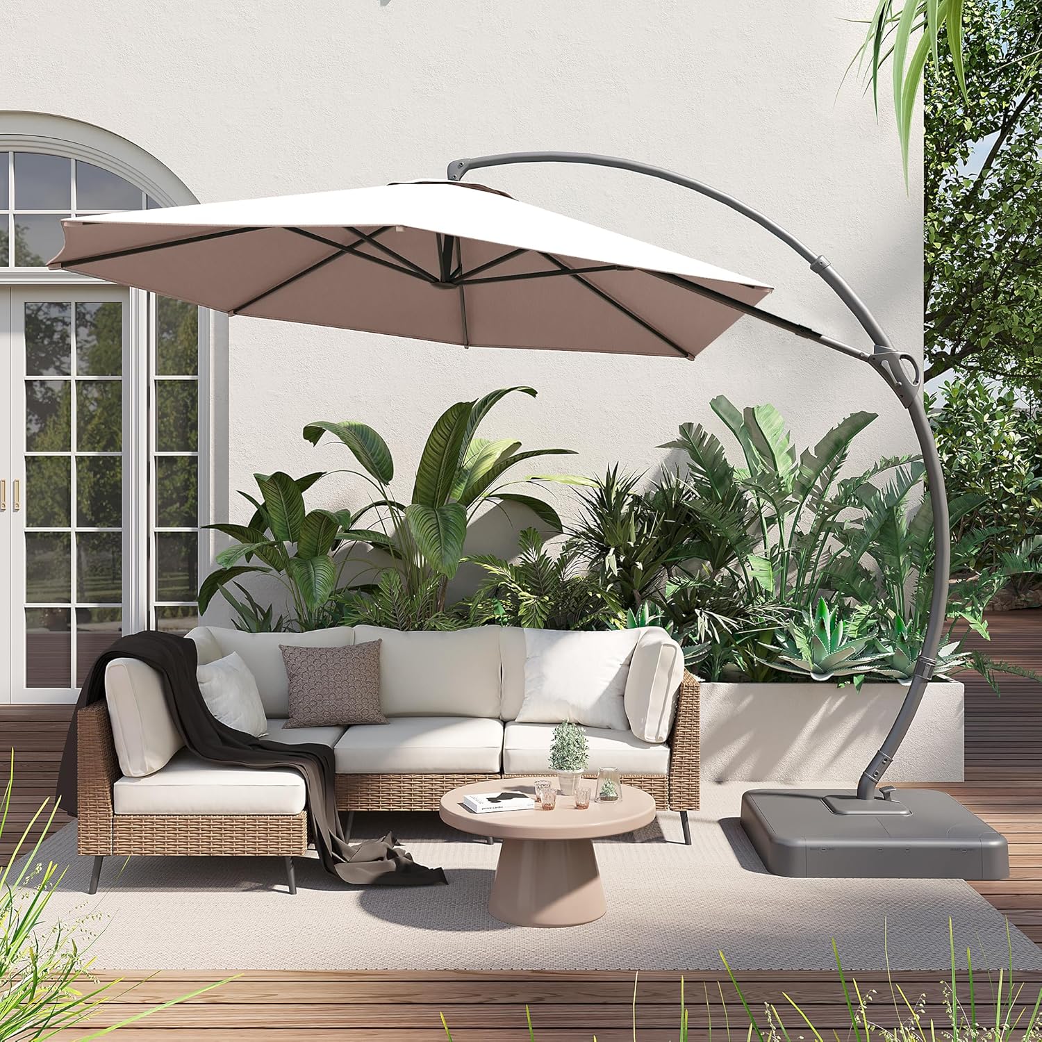 LAUSAINT HOME Outdoor Patio Umbrella with Base included, 11 FT Deluxe Curvy Cantilever Umbrella Heavy Duty Offset Hanging Umbrella with 360° Rotation for Market, Pool, Garden, Backyard, Deck (Beige)
