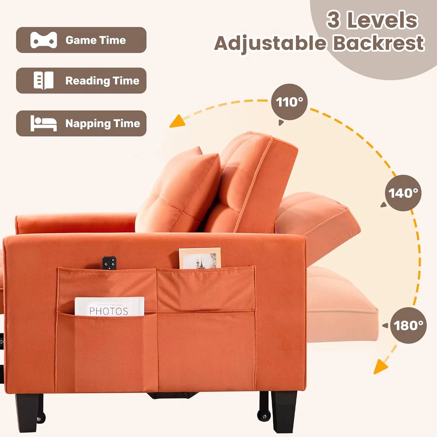 Convertible Sleeper Chair, 3 in 1 Sleeper Chair Bed Pull Out Sofa Bed Chairs, Velvet Single Sofa with Adjustable Backrest