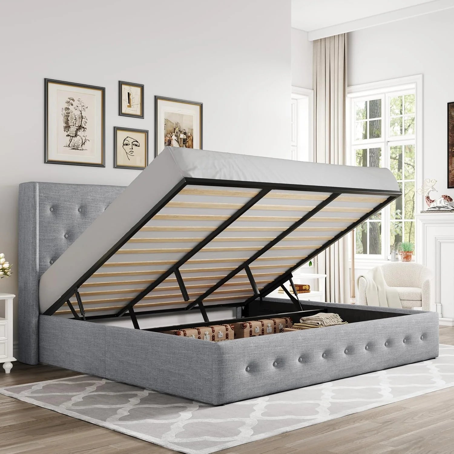 Allewie Queen Size Lift Up Storage Bed Modern Wingback Headboard Hydraulic Support