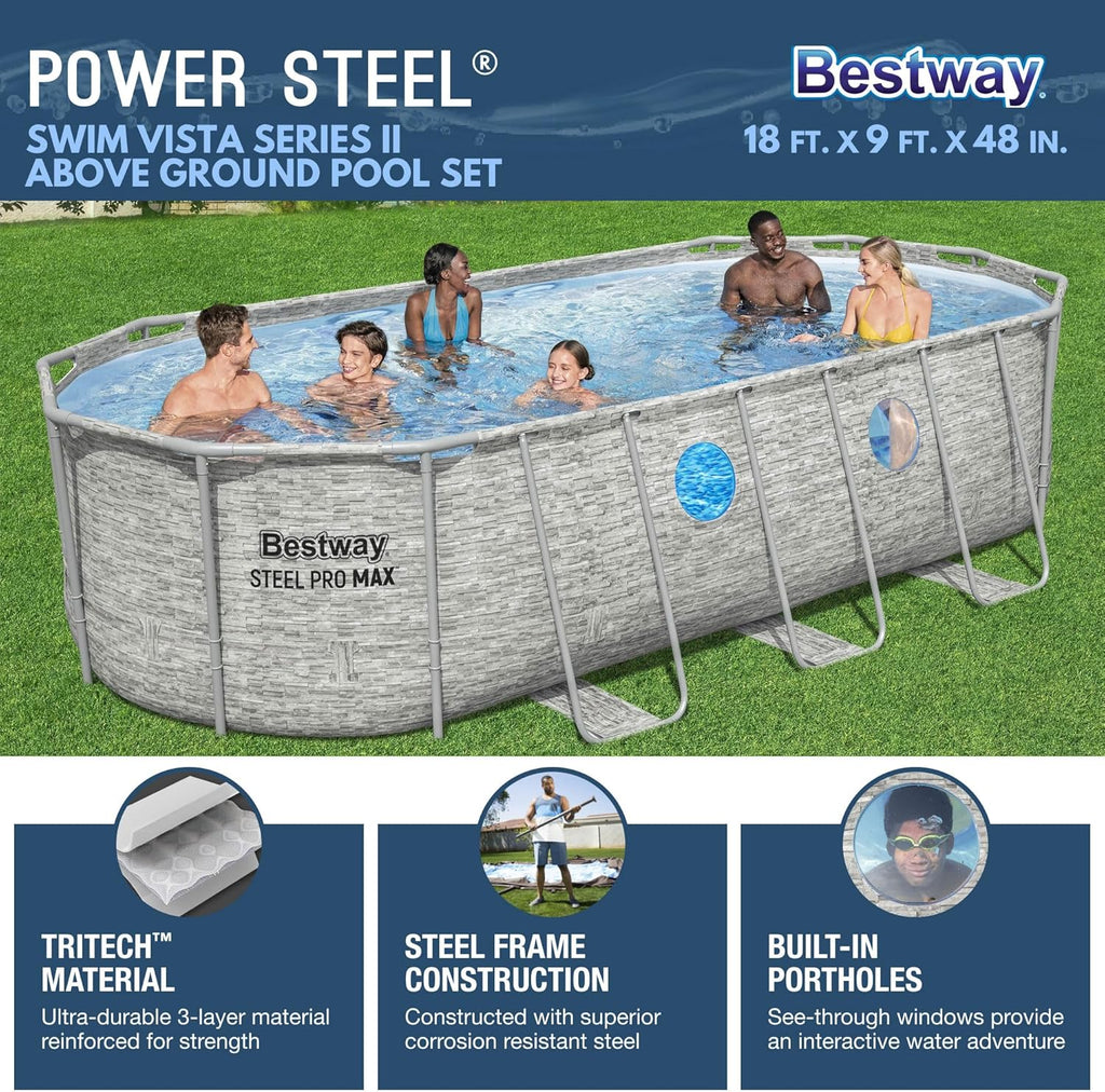Power Steel Swim Vista Series II 14' x 8' 2 x 39.5 Above Ground Outdoor Swimming Pool Set