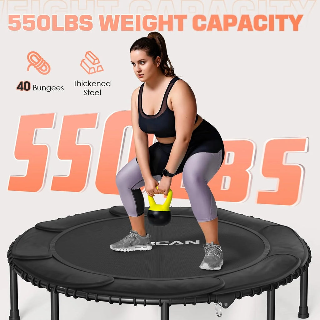 BCAN 450/550 LBS Foldable Mini Trampoline, 40/48 Fitness Trampoline with Bungees, U Shape Adjustable Foam Handle, Stable & Quiet Exercise Rebounder for Adults Indoor/Outdoor Workout
