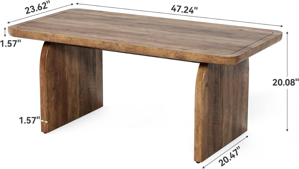 LITTLE TREE Farmhouse Coffee Table, 47 Inch Round Corner Wood Center Table, Rectangular Living Room Table, Modern Low Cocktail Tea Set
